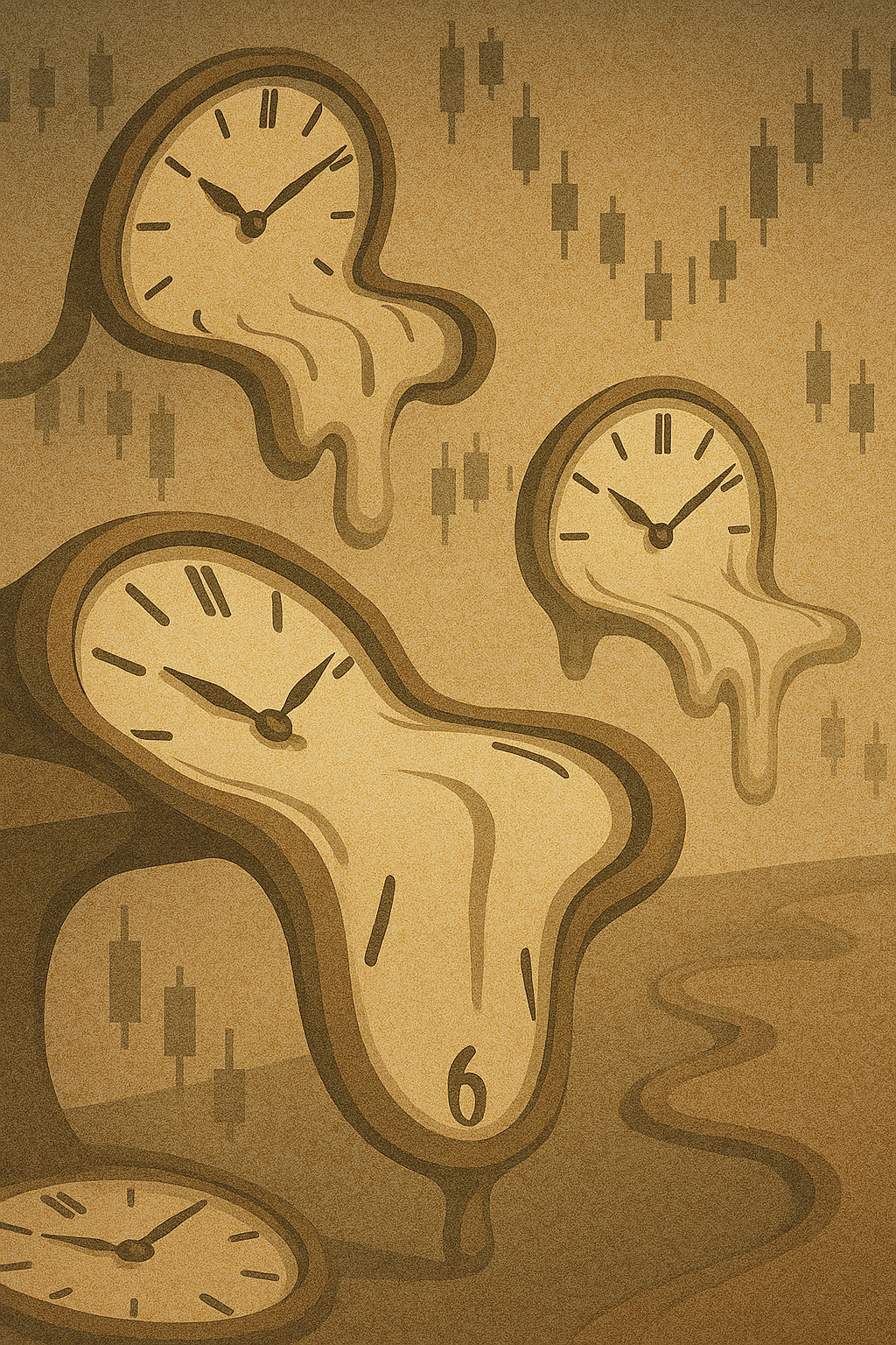 Melting clocks blending into candlestick charts.