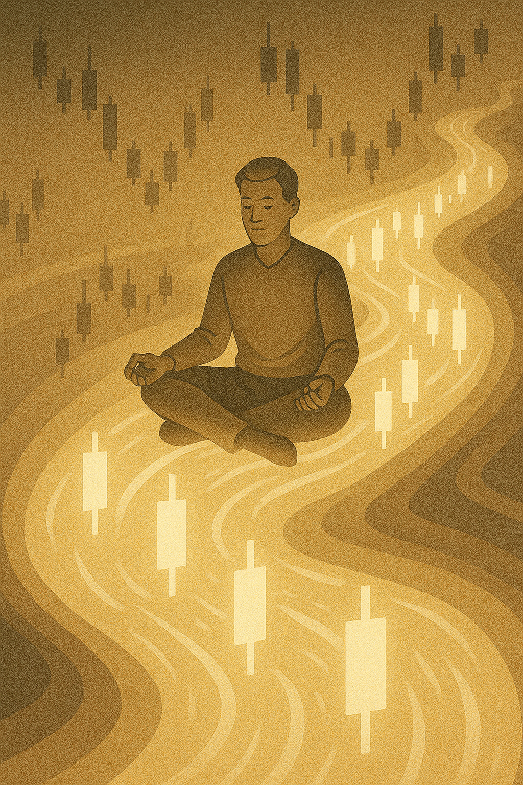 A glowing river of price candles sweeping a trader along.