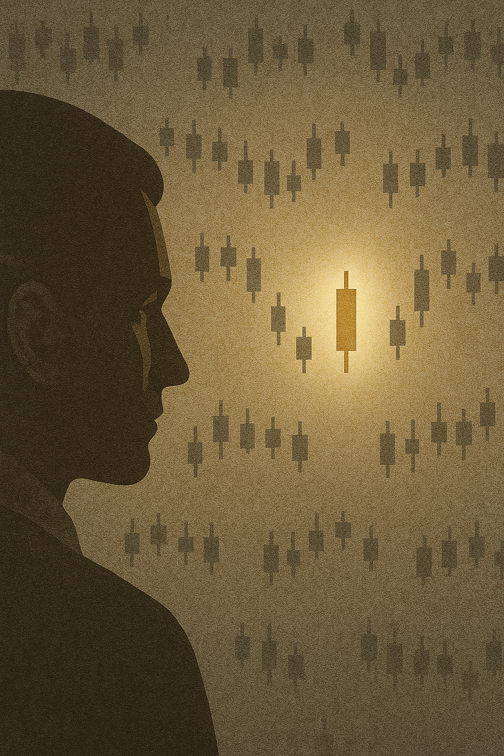 A person staring at one glowing candlestick in a sea of dimmed charts.