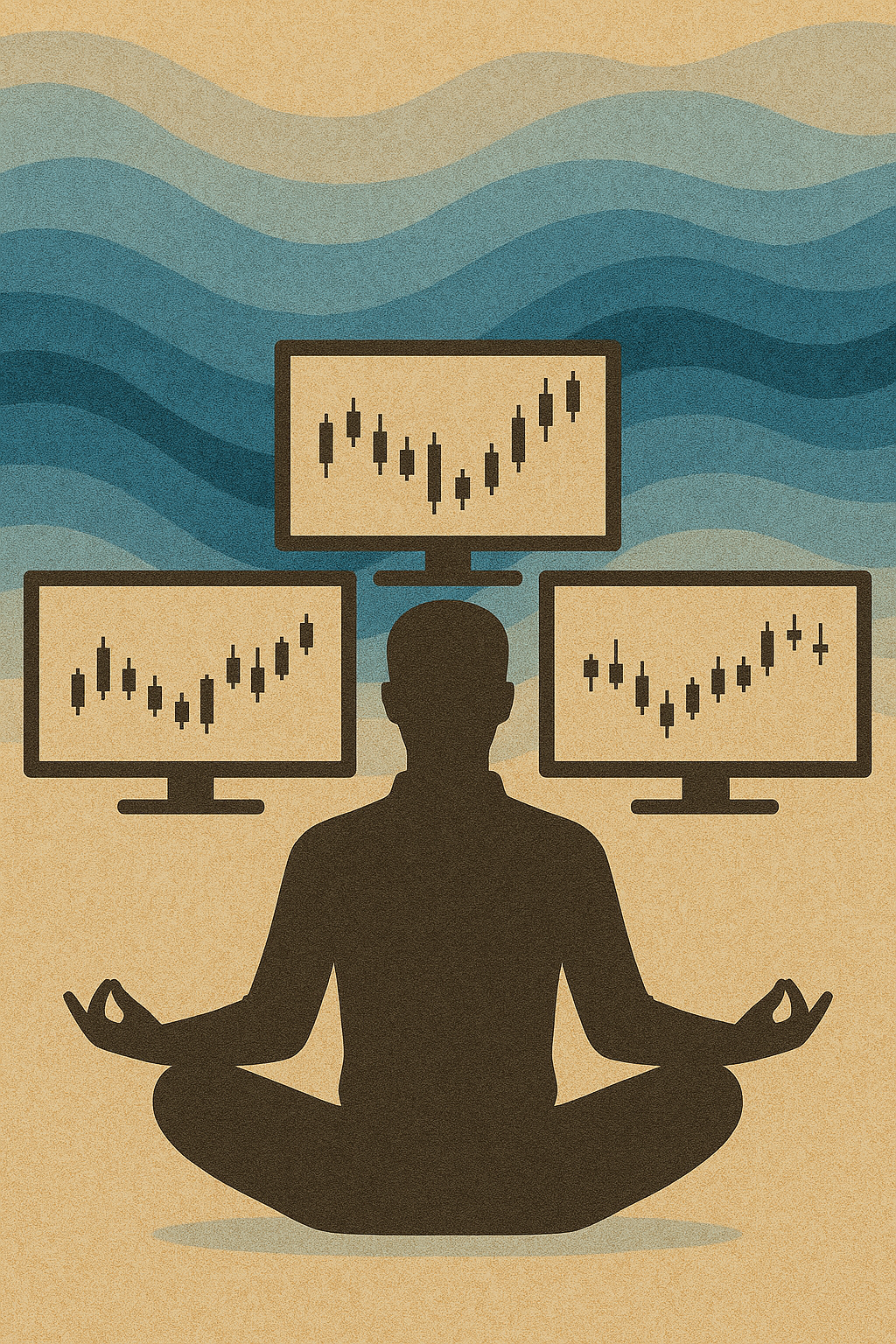 A trader meditating before monitors fading into calm waves.