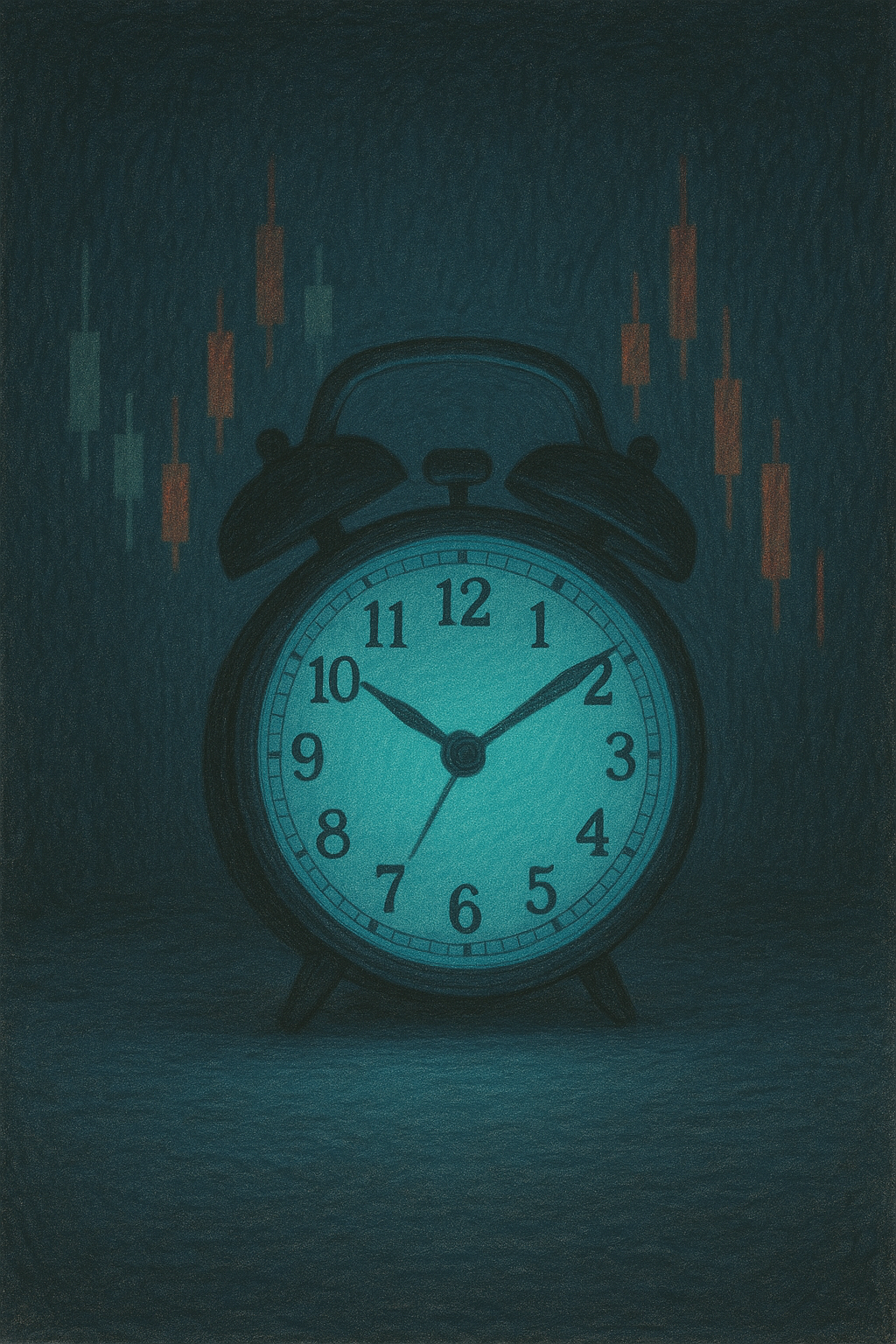 An alarm clock glowing against charts, symbolizing premarket grind.