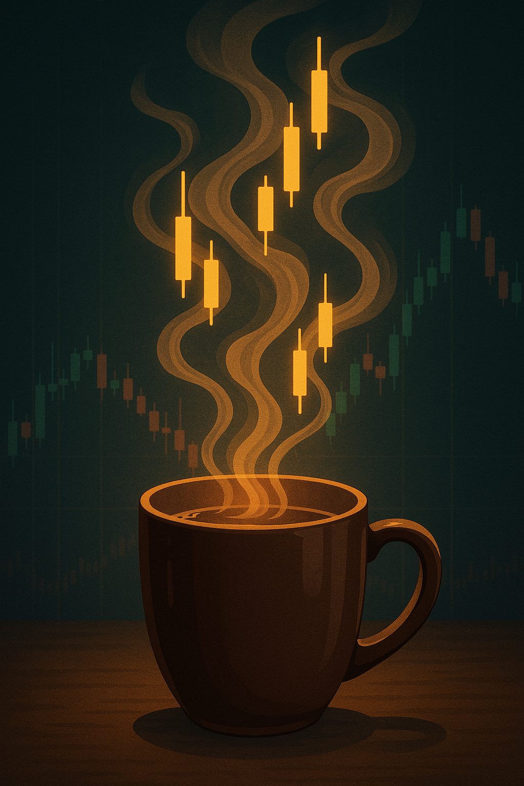 Coffee steam rising in the shape of candlesticks.