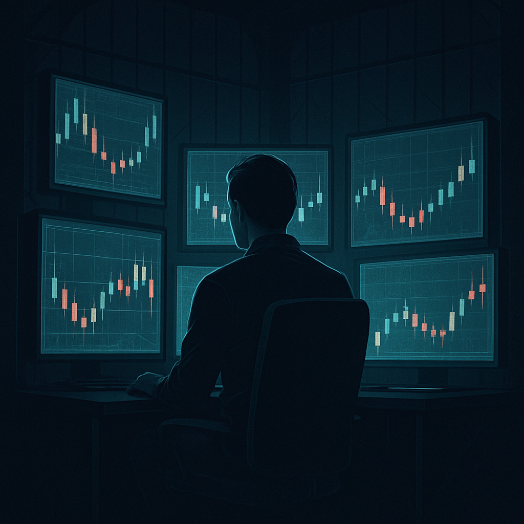 A trader alone; monitors form a cage of light.