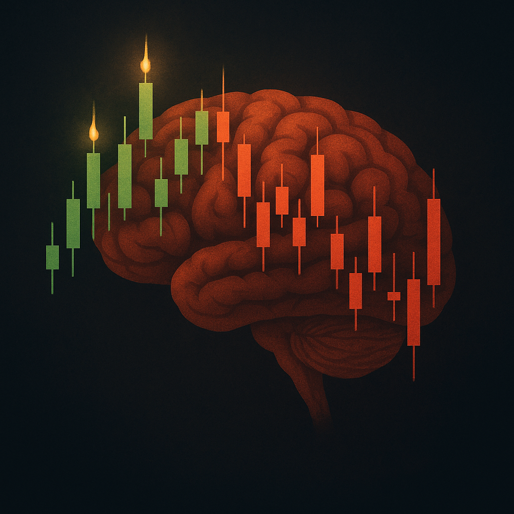 A human brain formed from red/green candlesticks, flickering like candlelight.