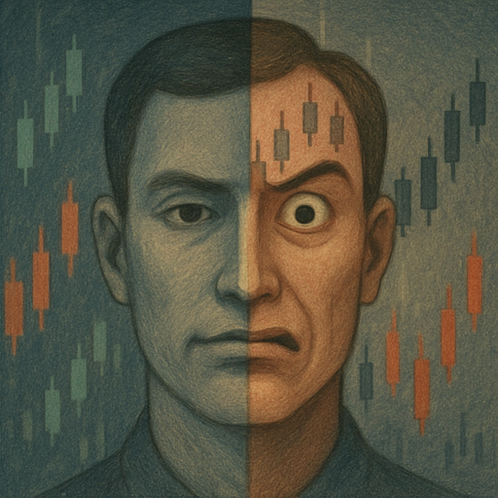 One half of a face calm, the other panicked, overlaid with charts.