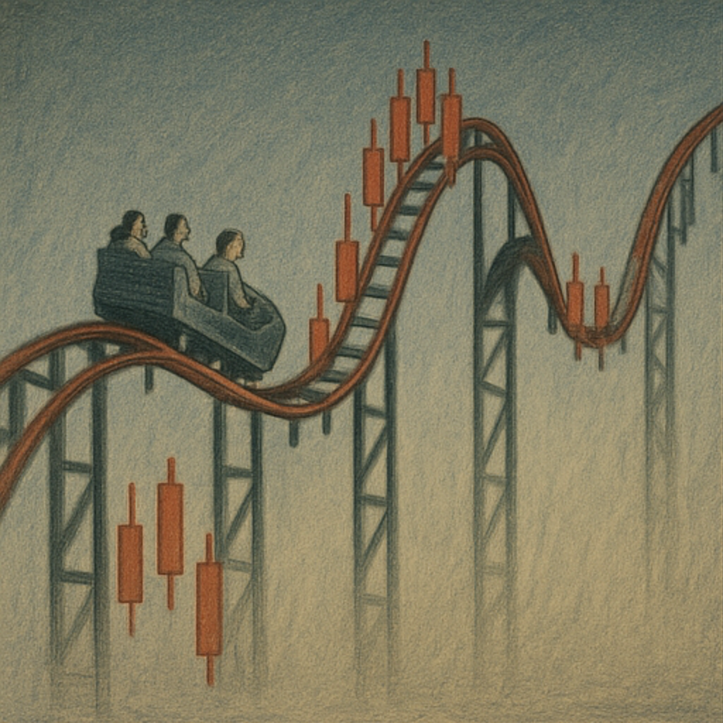 A rollercoaster track shaped like a stock chart with traders at peaks and troughs.