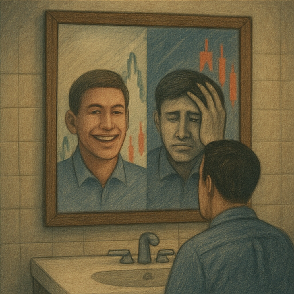 A trader looking into a mirror showing euphoria or devastation.