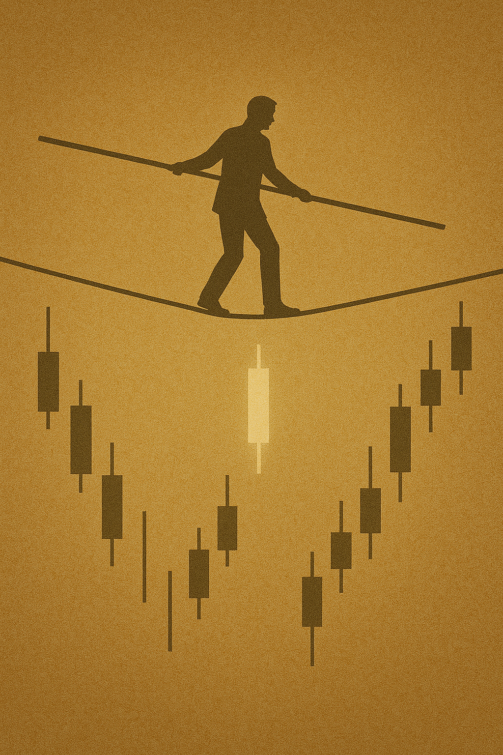 A tightrope stretched across a candlestick chart with a trader walking.