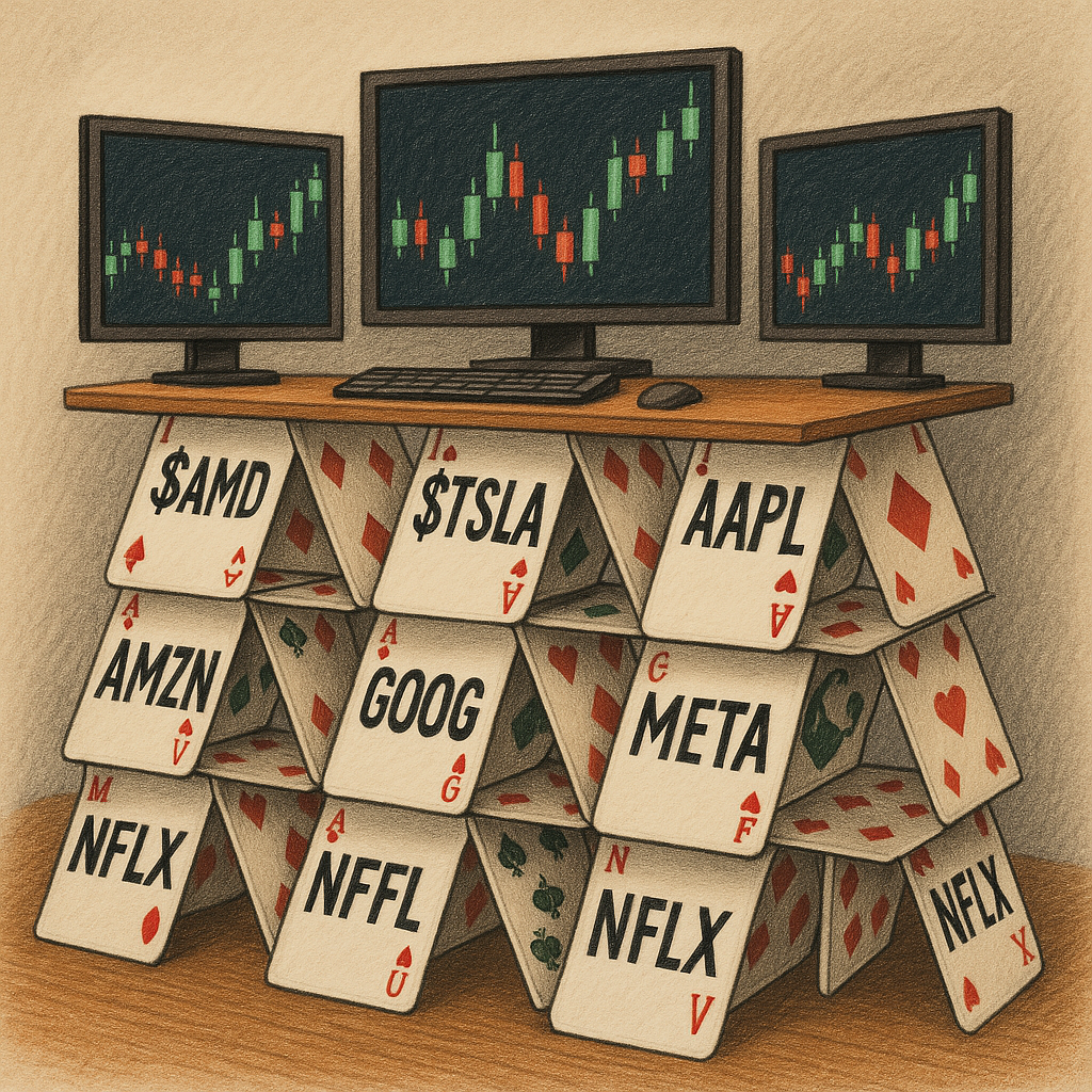 A trading desk built from playing cards with tickers.