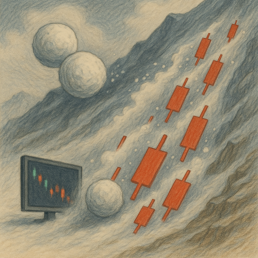 Snowballs rolling down a mountain morphing into red candles.